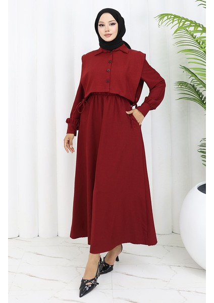 Gömlek Yaka Bolero Detaylı Elbise 2051-03 Bordo