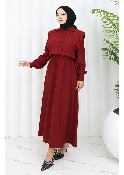 Gömlek Yaka Bolero Detaylı Elbise 2051-03 Bordo fiyatları