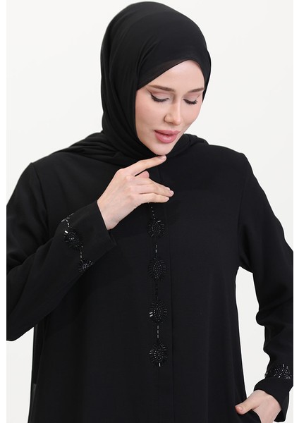 Büyük Beden Taş Işlemeli Ferace 5077-01 Siyah