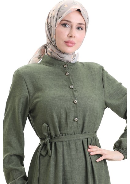 Kolu Lastkli Düğmeli Elbise 0104-03 Haki fırsatları
