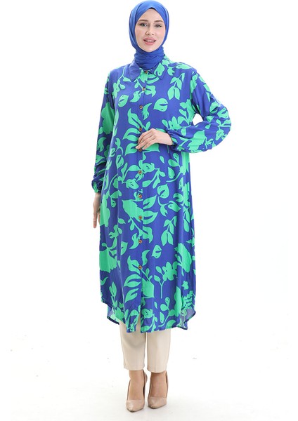 Boydan Düğmeli Uzun Tunik 0095-03 Saks Yeşil