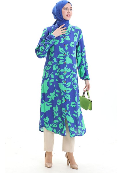 Boydan Düğmeli Uzun Tunik 0095-03 Saks Yeşil modelleri