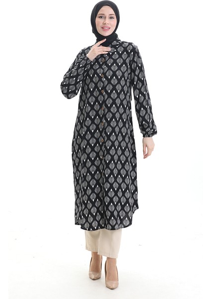 Boydan Düğmeli Uzun Tunik 0092-02 Siyah Beyaz