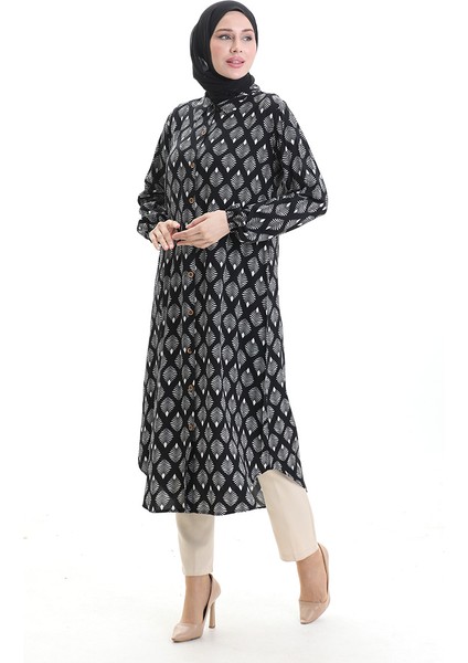 Boydan Düğmeli Uzun Tunik 0092-02 Siyah Beyaz fiyatları