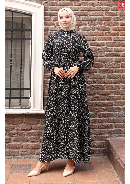 Belden Bağcıklı Desenli Elbise 2079-01 Siyah Krem