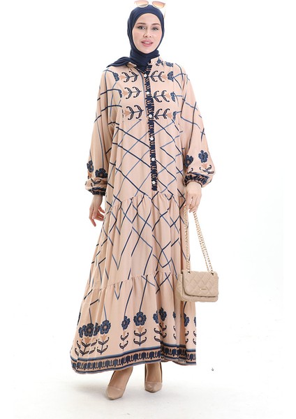 Hakim Yaka Desenli Elbise 2075-01 Vizon Lacivert