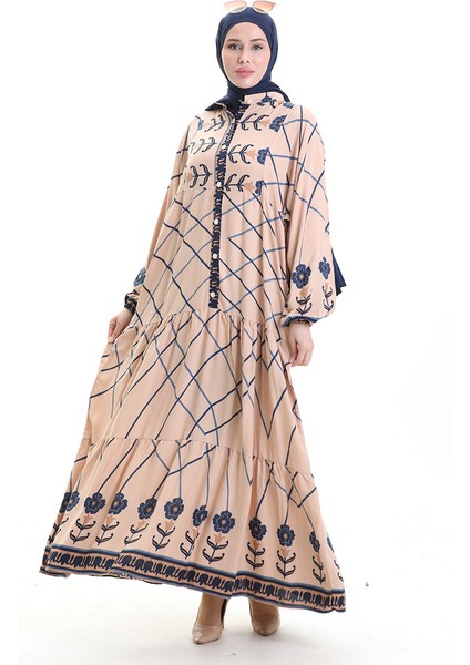 Hakim Yaka Desenli Elbise 2075-01 Vizon Lacivert modelleri