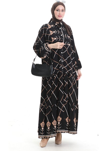 Hakim Yaka Desenli Elbise 2075-03 Siyah Sütlü Kahve