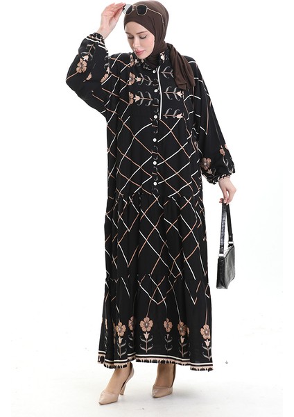 Hakim Yaka Desenli Elbise 2075-03 Siyah Sütlü Kahve fiyatları