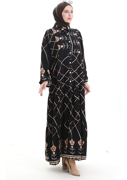 Hakim Yaka Desenli Elbise 2075-03 Siyah Sütlü Kahve modelleri