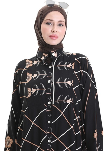 Hakim Yaka Desenli Elbise 2075-03 Siyah Sütlü Kahve fırsatları