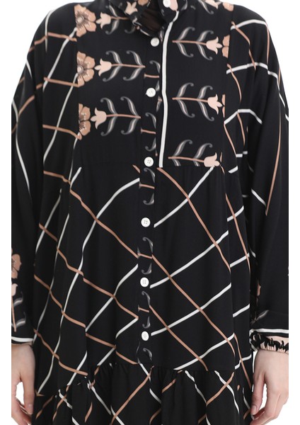 Hakim Yaka Desenli Elbise 2075-03 Siyah Sütlü Kahve indirimleri