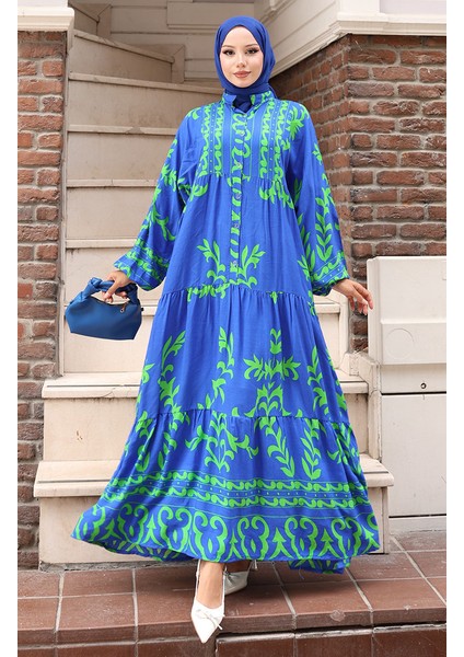 Viskon Kumaş Yarım Düğmeli Elbise 2081-03 Saks Yeşil