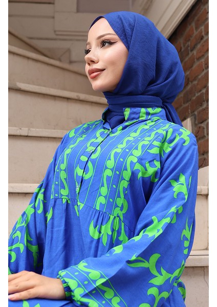 Viskon Kumaş Yarım Düğmeli Elbise 2081-03 Saks Yeşil modelleri