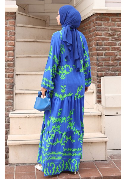 Viskon Kumaş Yarım Düğmeli Elbise 2081-03 Saks Yeşil indirimleri