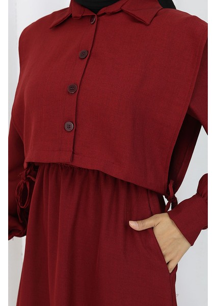 Gömlek Yaka Bolero Detaylı Elbise 2051-03 Bordo fırsatları