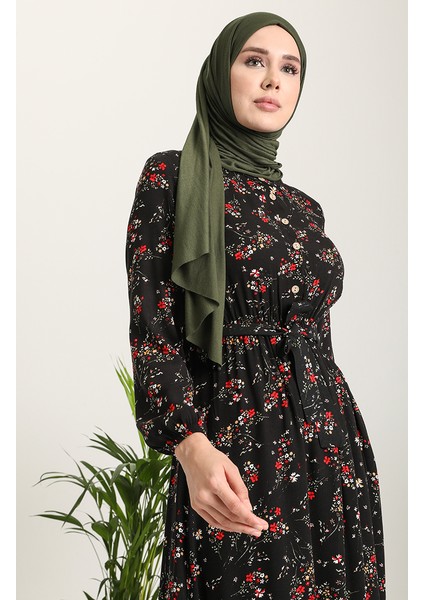 Çiçek Desenli Viskon Elbise 5068-01 Siyah