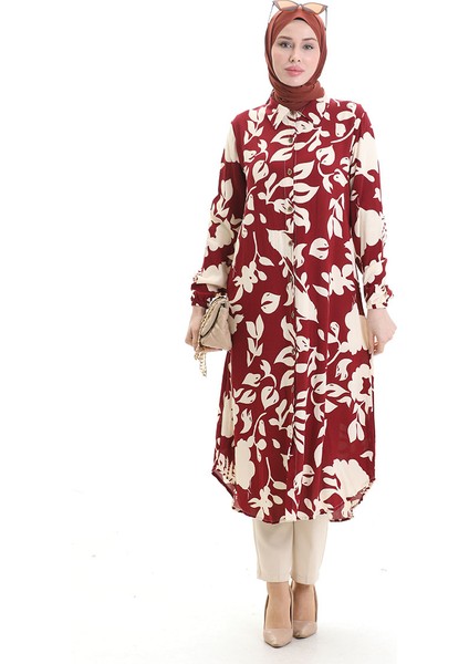 Boydan Düğmeli Uzun Tunik 0095-01 Bordo Bej