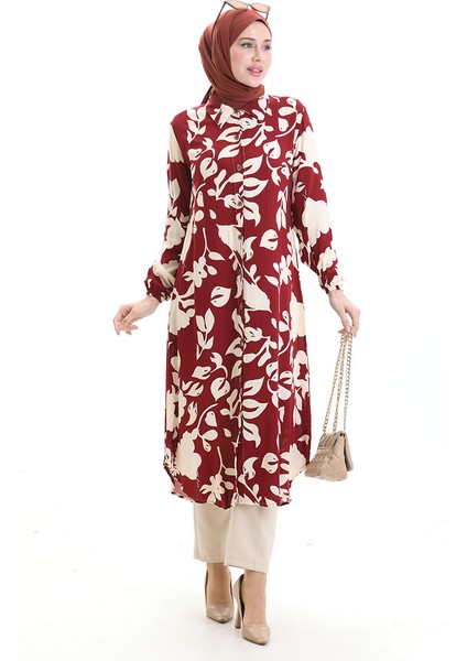 Boydan Düğmeli Uzun Tunik 0095-01 Bordo Bej fiyatları