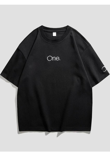 Unisex One Kol Hilal Baskılı Oversize %100 Pamuk T-Shirt