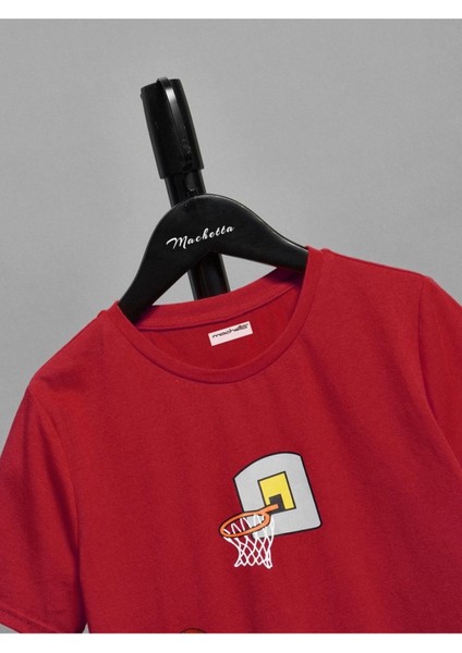 Kids Basketbol Oynayan Astronot Baskılı Oversize Bisiklet Yaka Çocuk T-Shirt