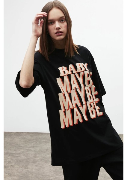 Baby Maybe Baskılı Siyah Oversize T-Shirt