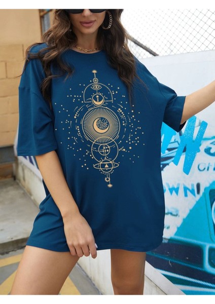 Indigo Ay ve Göz Astronomi Sarı Baskılı Oversize T-Shirt