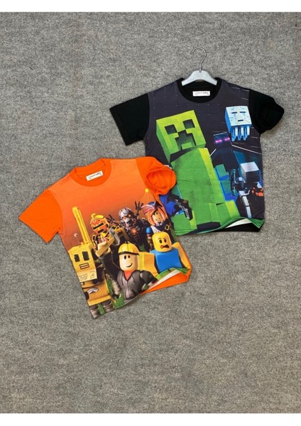 Kids Roblox ve Creeper Baskılı 2'li Set Çocuk T-Shirt