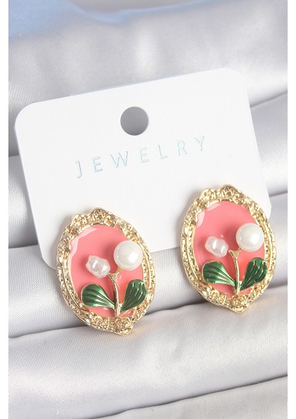 Pirinç Gold Renk Pembe Mineli Incili Çiçek Işlemli Portre Model Kadın Küpe
