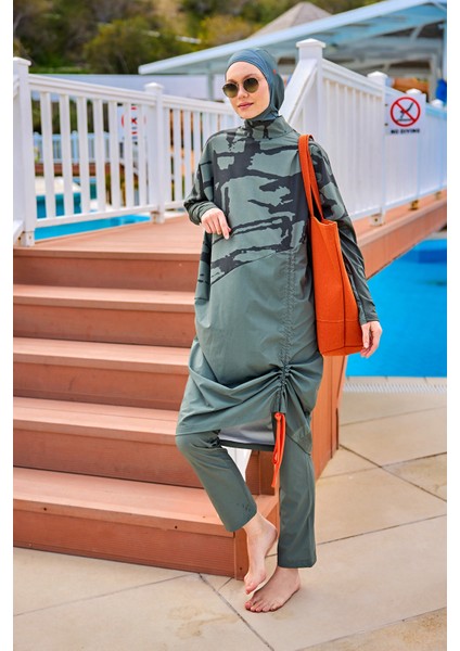 Haki Tam Kapalı Tesettür Mayo Gizli Fermuar Detaylı M2516