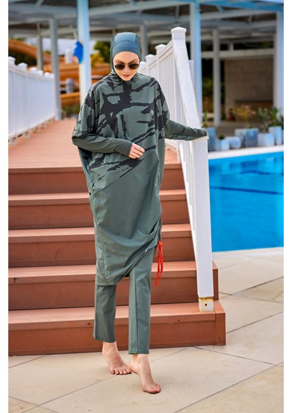 Haki Tam Kapalı Tesettür Mayo Gizli Fermuar Detaylı M2516 modelleri