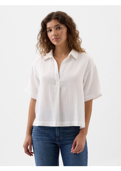 Kadın Beyaz Relaxed Gauze Popover Bluz