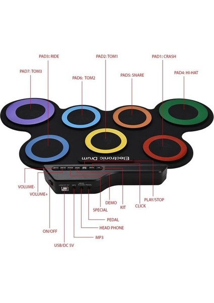 Magicvoice G3002R 7 Ped Gökkuşağı Renkli Elektronik Roll Up Davul Kiti
