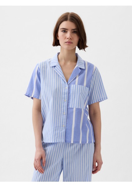 Kadın Mavi Desenli Poplin Pijama Üstü
