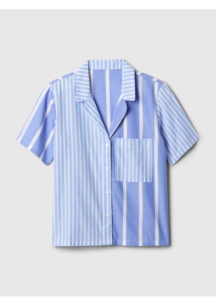 Kadın Mavi Desenli Poplin Pijama Üstü