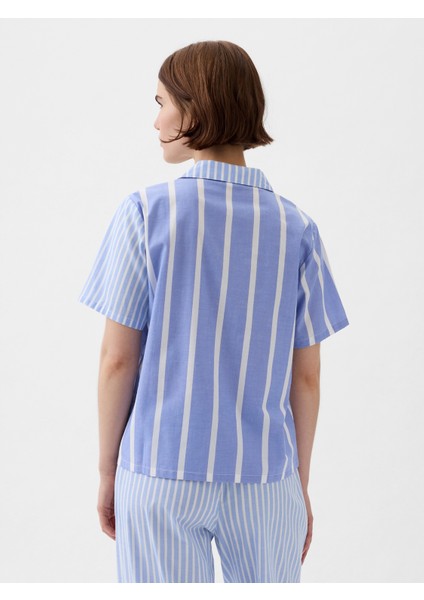 Kadın Mavi Desenli Poplin Pijama Üstü