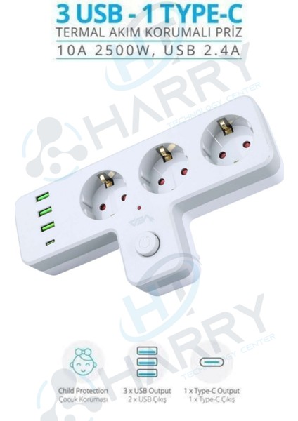 3'lü Termal Akım Korumalı Priz 2500 Watt Çocuk Koruması 3 Usb-1 Type-C Açma Kapama Anahtarı