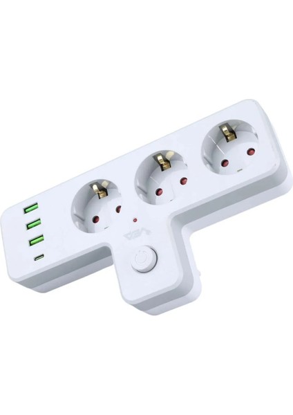 3'lü Termal Akım Korumalı Priz 2500 Watt Çocuk Koruması 3 Usb-1 Type-C Açma Kapama Anahtarı