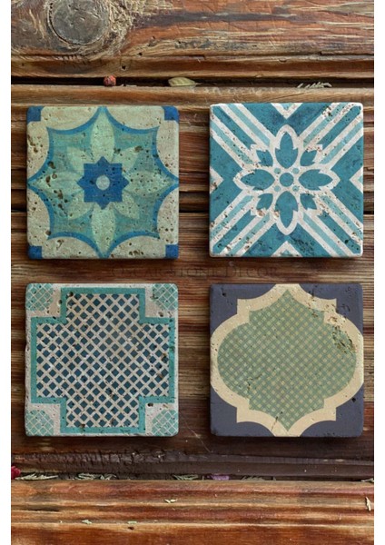 Baskılı Doğaltaş Bardak Altlığı 4'lü Set Desen Tile