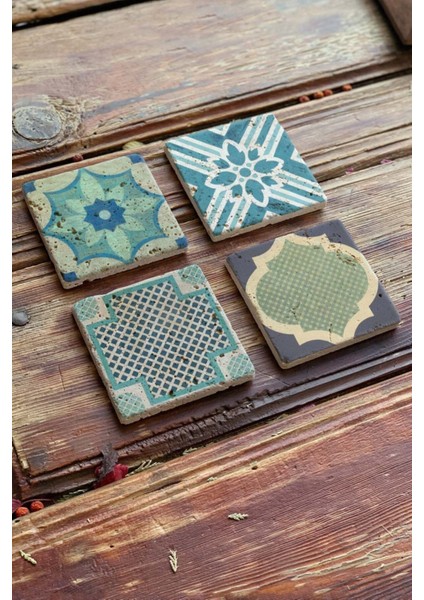 Baskılı Doğaltaş Bardak Altlığı 4'lü Set Desen Tile fiyatları