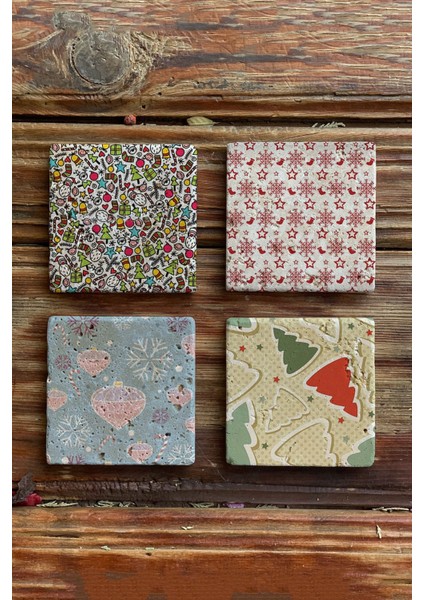 Yeni Yıl Yılbaşı Baskılı Doğal Taş Bardak Altlığı 4'lü Set Tile - Coaster Set