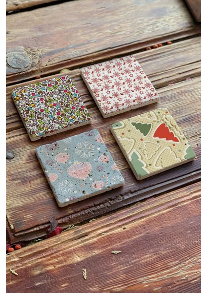 Yeni Yıl Yılbaşı Baskılı Doğal Taş Bardak Altlığı 4'lü Set Tile - Coaster Set fiyatları