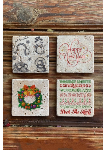 Yeni Yıl Yılbaşı Baskılı Doğal Taş Bardak Altlığı 4'lü Set Tile - Coaster Set