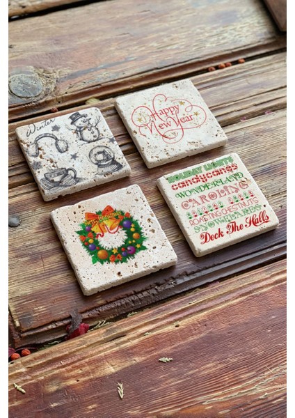 Yeni Yıl Yılbaşı Baskılı Doğal Taş Bardak Altlığı 4'lü Set Tile - Coaster Set fiyatları
