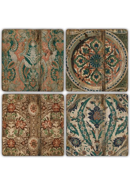 Taş Bardak Altlığı Stone Coasters - 4'lü Set(10 x 10 cm) Desen Tile Pattern