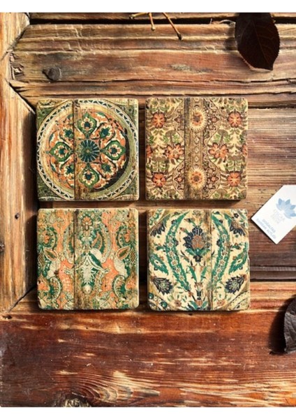 Taş Bardak Altlığı Stone Coasters - 4'lü Set(10 x 10 cm) Desen Tile Pattern fırsatları