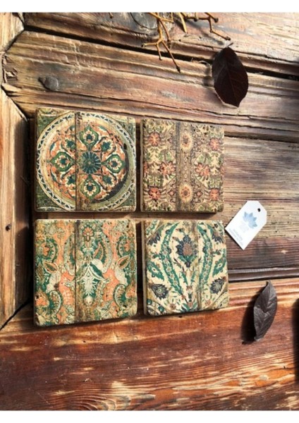 Taş Bardak Altlığı Stone Coasters - 4'lü Set(10 x 10 cm) Desen Tile Pattern indirimleri