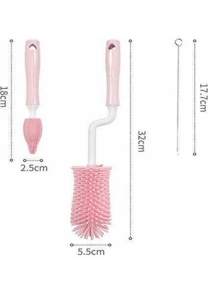 Elite Pembe Renk Silikon Uçlu Ekstra Yumuşak Kıllı Sağlam Kavanoz Bardak Şişe ve Biberon Temizleme Fırçası 1 Adet