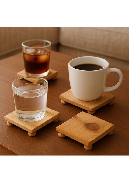 Elite Ahşap 3'lü Sunumluk Top Ayaklı Kare Altlık 11*11 cm Mutfak Sunumluğu Bardak Altlığı 1 Adet