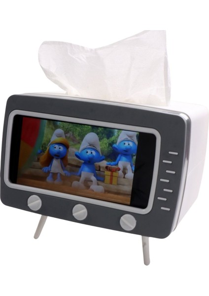 Elite Retro Tv Görünümlü Peçete Kutusu, Telefon Tutucu (Gri) 1 Adet
